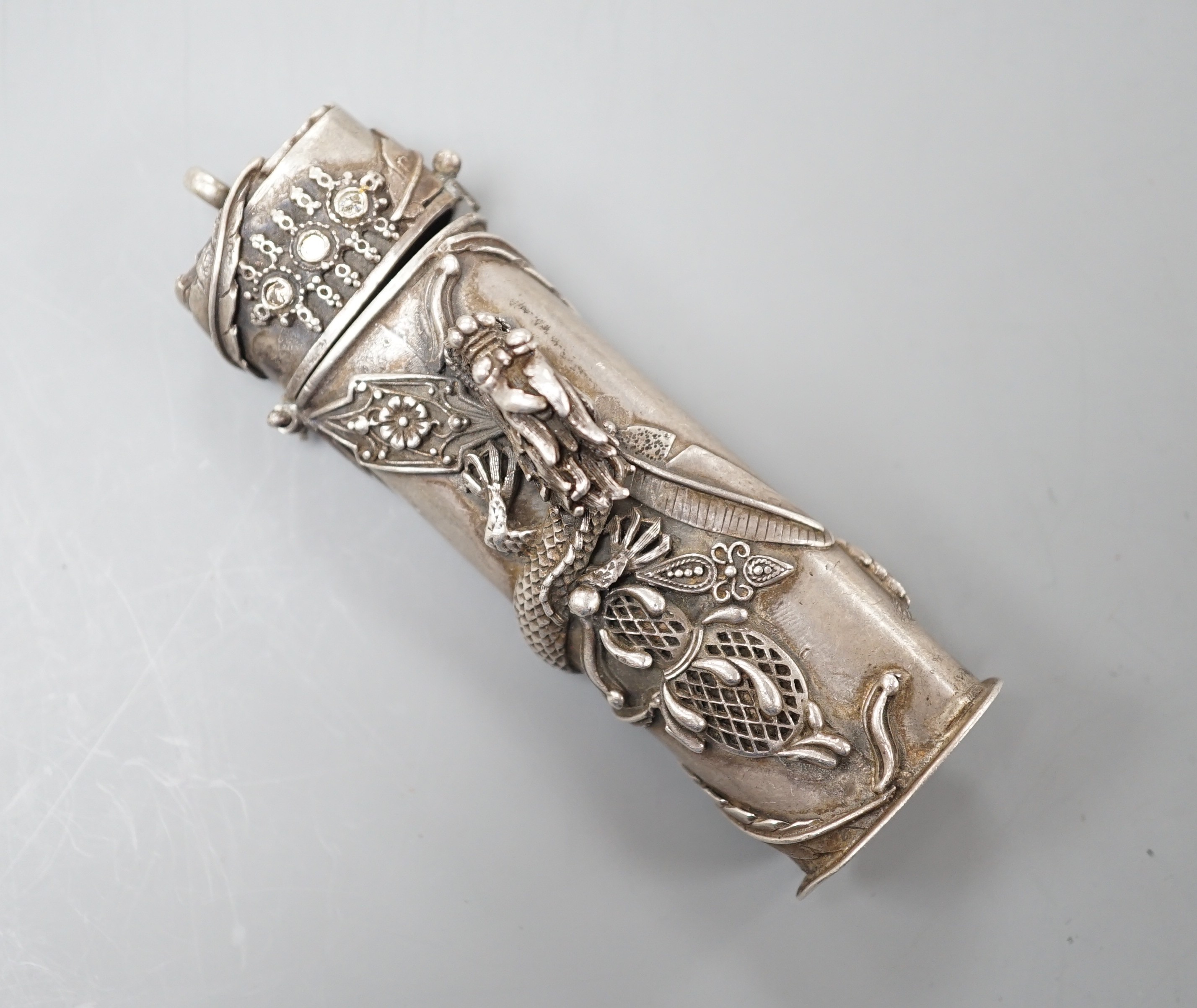 A modern Chinese? 925 oval etui case, decorated with dragon appliqué, 97mm.